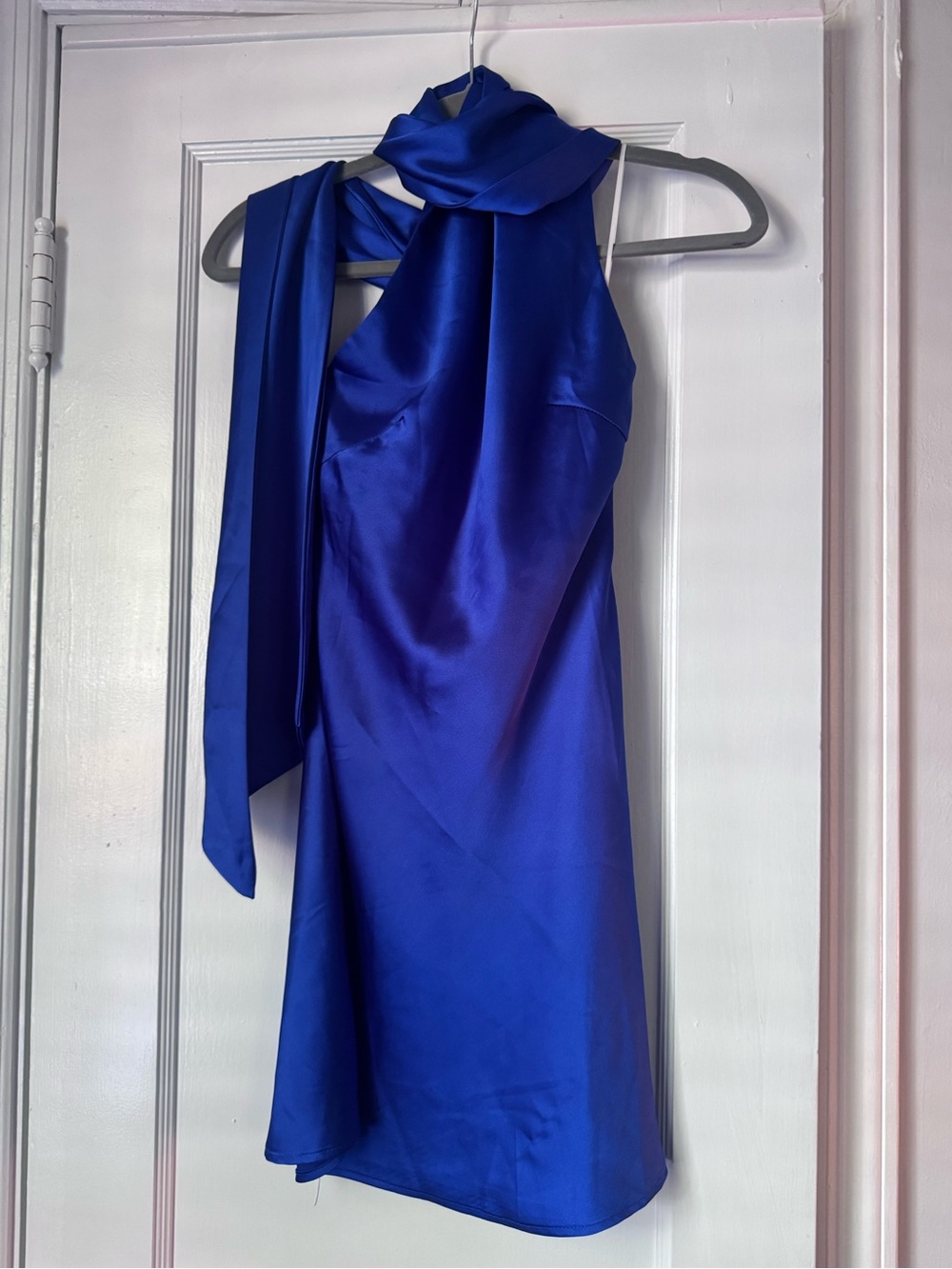 Royal Blue Satin Halter Neck Dress with Scarf Detail HELLO MOLLY